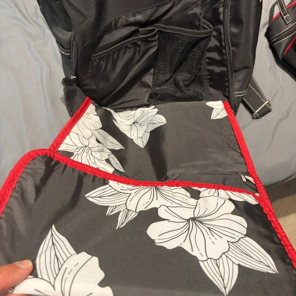 Kathy Van Zeeland Black Nylon Backpack Diaper Bag Set w/ Changing Mat & Pouches
